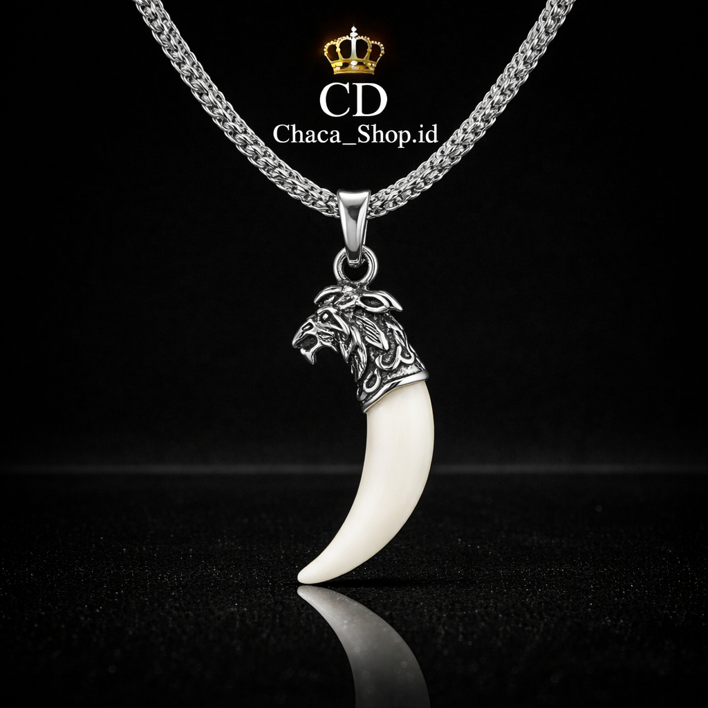 Kalung Pria Liontin Taring Macan Putih Original | Kalung Titanium Taring Harimau