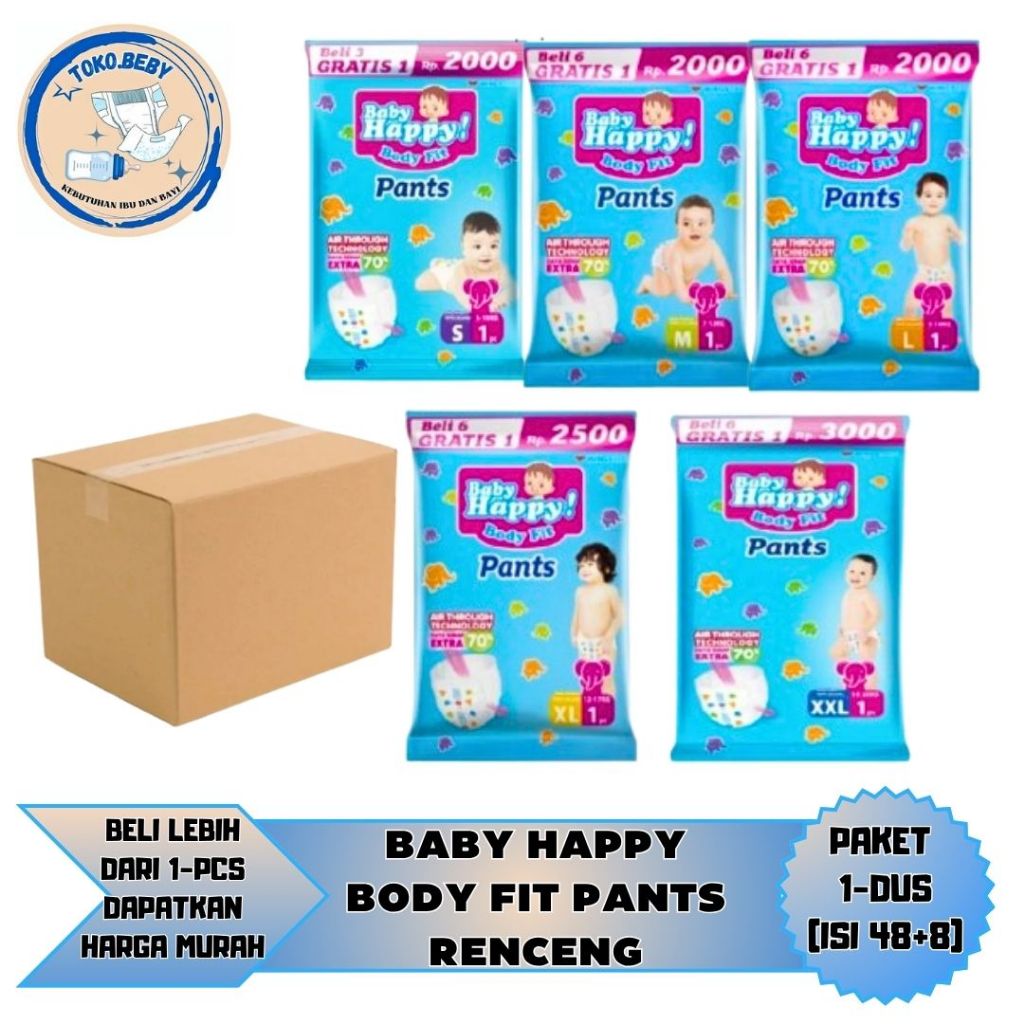 {POPOK MURAH} 1-DUS Baby Happy Body Fit Pants Renceng Isi 48+8'Sancheet L1/M1/S1/XL1/XXL1/Toko.Beby