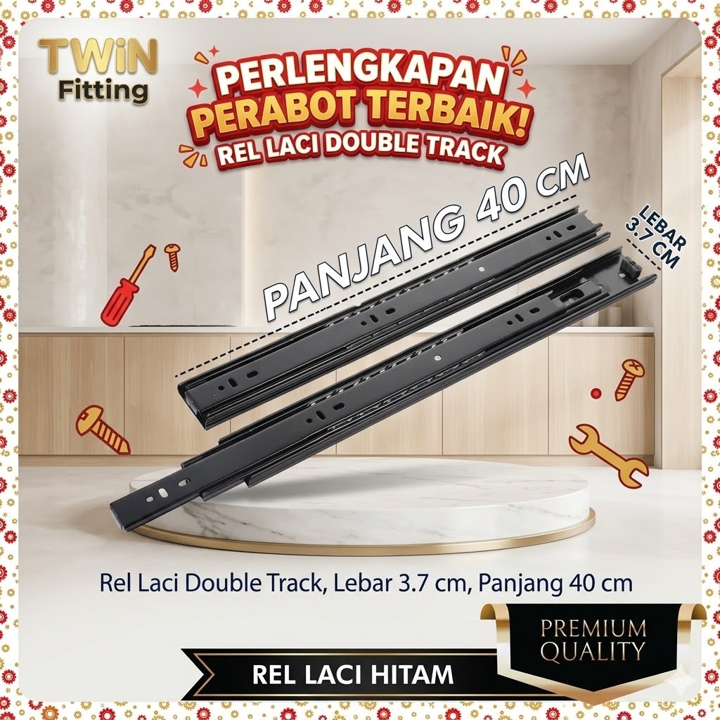 TWIN Rel Laci Double Track 40cm Ball Bearing Full Extension - Rel Teleskopik Lemari Kabinet Premium