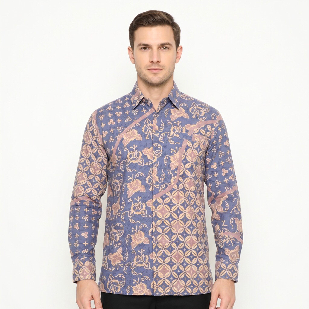 |Magnus| Kemeja Batik Pria Lengan Panjang Bahan Doby Sutra ATBM Lapis Furring Arrow Warna Biru Tua