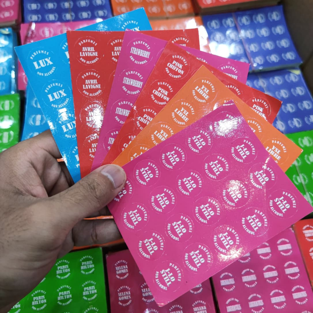 Stiker Parfum bulat isi 20/Lembar untuk roll on/spray - sticker tempel logo nama parfum
