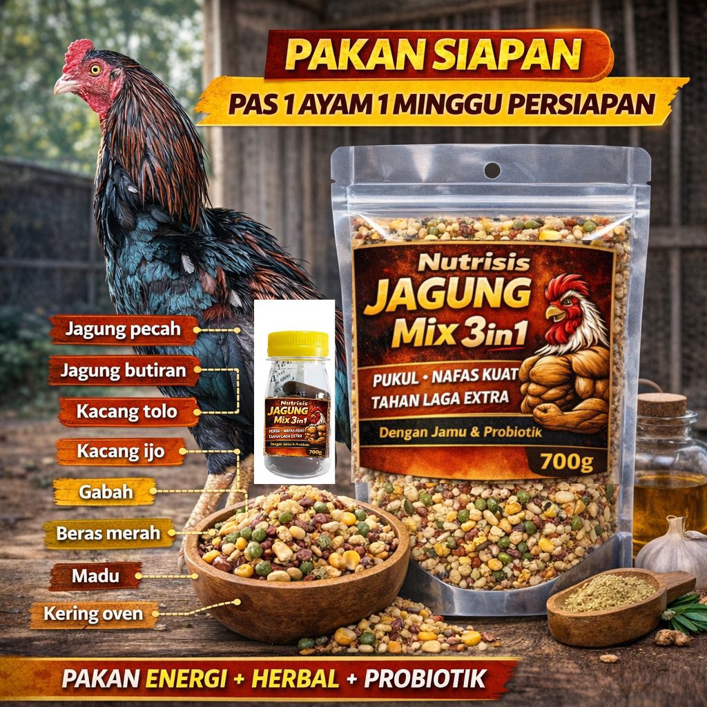 Pakan mix Siapan/jagung campur/ Herbal (kapsul) + Probiotik | Pakan Ayam Bangkok Aduan Stamina Nafas