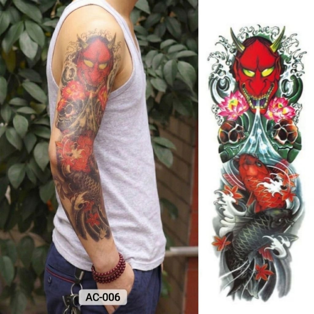 Tatto Temporer Tato Temporary Full Lengan Panjang Tahan Air AC-006 Motif Wajah Ikan Koi Hitam Merah