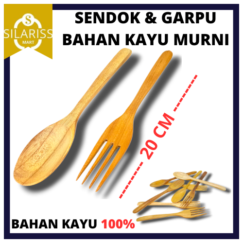 SENDOK GARPU KAYU 20 CM SET KOREA AESTHETIC MAHONI FOOD GRADE - Alat Makan Kayu Natural