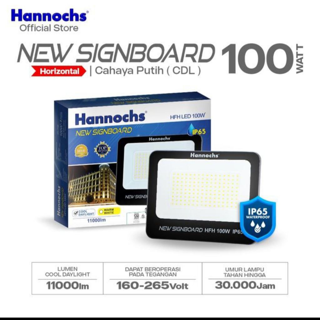 Lampu Sorot Hannochs Signboard HFH 10W/20W/30W/50W/100W/150/200W Lampu Flood Light IP 65 Putih Kunin