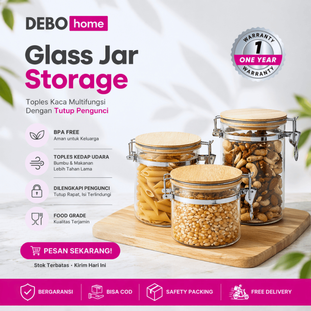 DEBOHOME FUJITA Toples Kue Kopi Kaca Kedap Udara Toples Kaca Dan Tutup Kayu Dan Seal Toples Kopi Gul