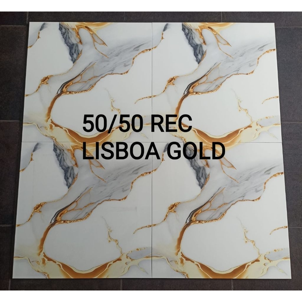 Platinum Keramik Lisboa Gold 50x50 Glosy Cutting - Keramik Lantai Putih Motif Marmer Murah Meriah