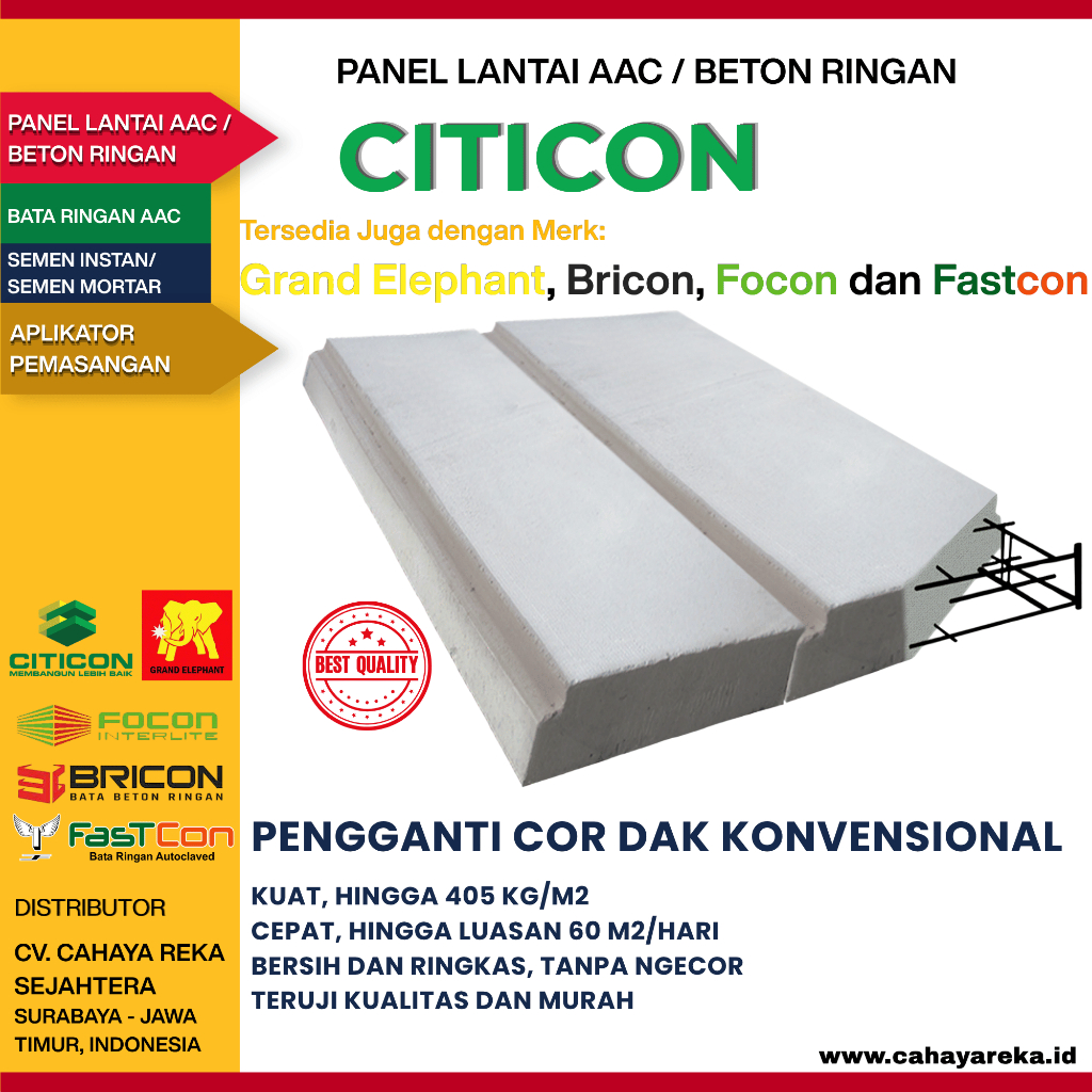 Panel Lantai AAC / Beton Ringan | Citicon,Grand Elephant, Bricon, Focon, Fastcon | Kuat, Ringan, Hem