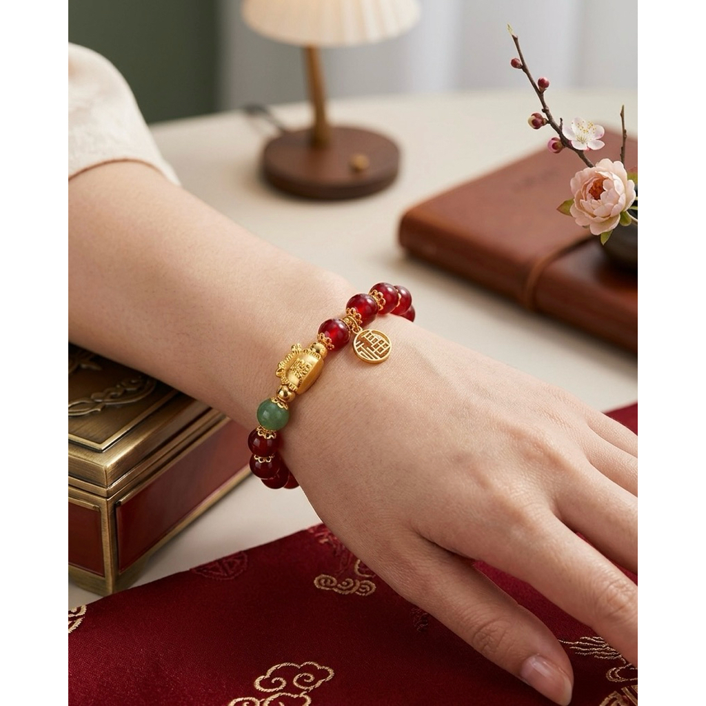 Lucky Red Jade Bracelet | Gelang Manik Merah Charm Emas Premium | Feng Shui Bracelet Wanita