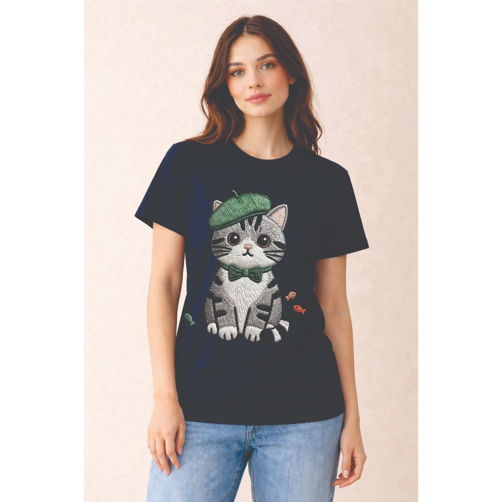 kaos katun/kaos cewek /kaos gambar dtf bordir gambar kucing lucu