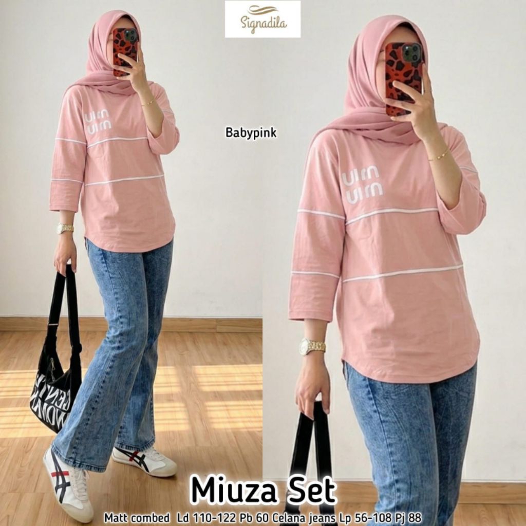 Miuza Setelan Wanita Celana Jeans Cutbray dan Atasan Kaos Combed