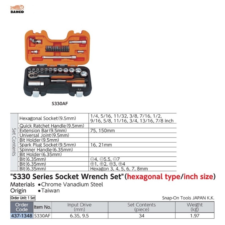 BAHCO S330AF Socket Wrench Set 6Pt INCHIES 6.35mm 9.5mm Sq. Drive