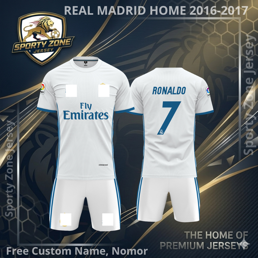Jersey Sepak Bola Custom Real Madrid Home 2016-2017 Pendek Free Custom Nama dan No Punggung Full Pri