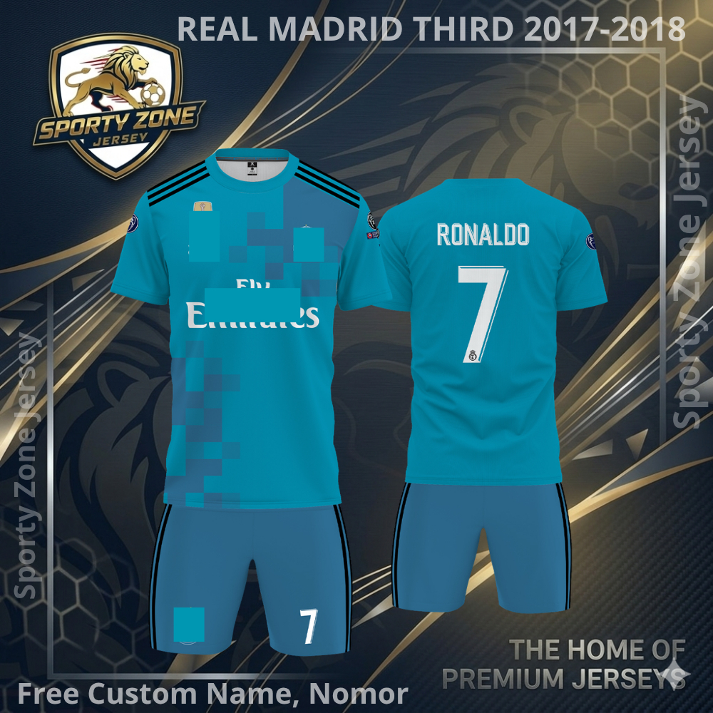 Jersey Sepak Bola Custom Real Madrid Third 2017-2018 Pendek Free Custom Nama dan No Punggung Full Pr