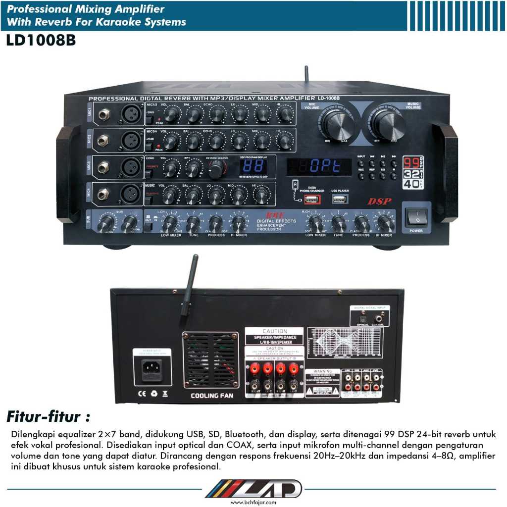 Amplifier Karaoke Mixing Profesional LD528B dan LD1008B Reverb DSP 99 USB Bluetooth Equalizer 2x7 Ba