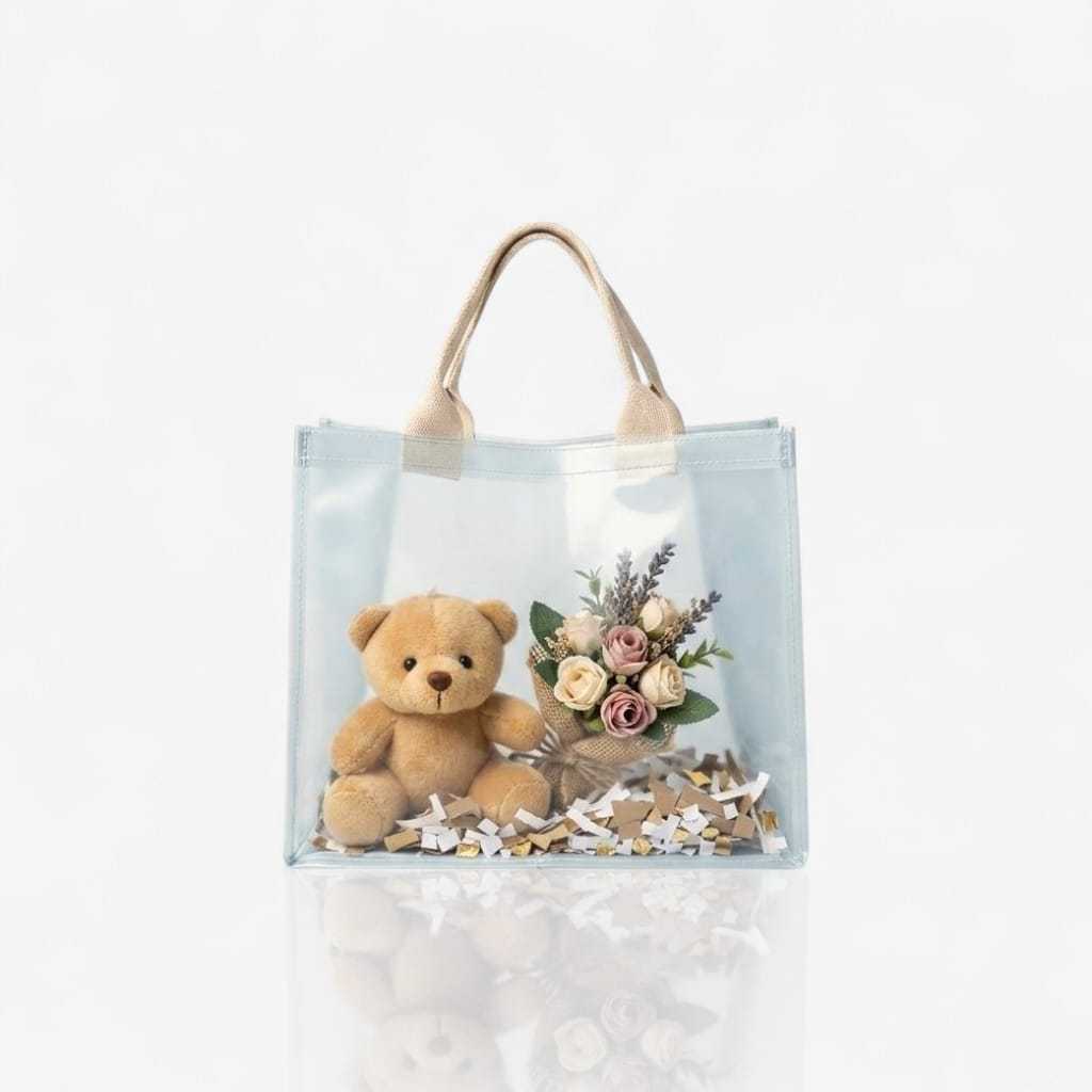 Tas Mika PVC DOFF 30x15x25 Cm Goodiebag Hampers Souvenir Ulang Tahun Tas Hampers, Mika Doff Transpar