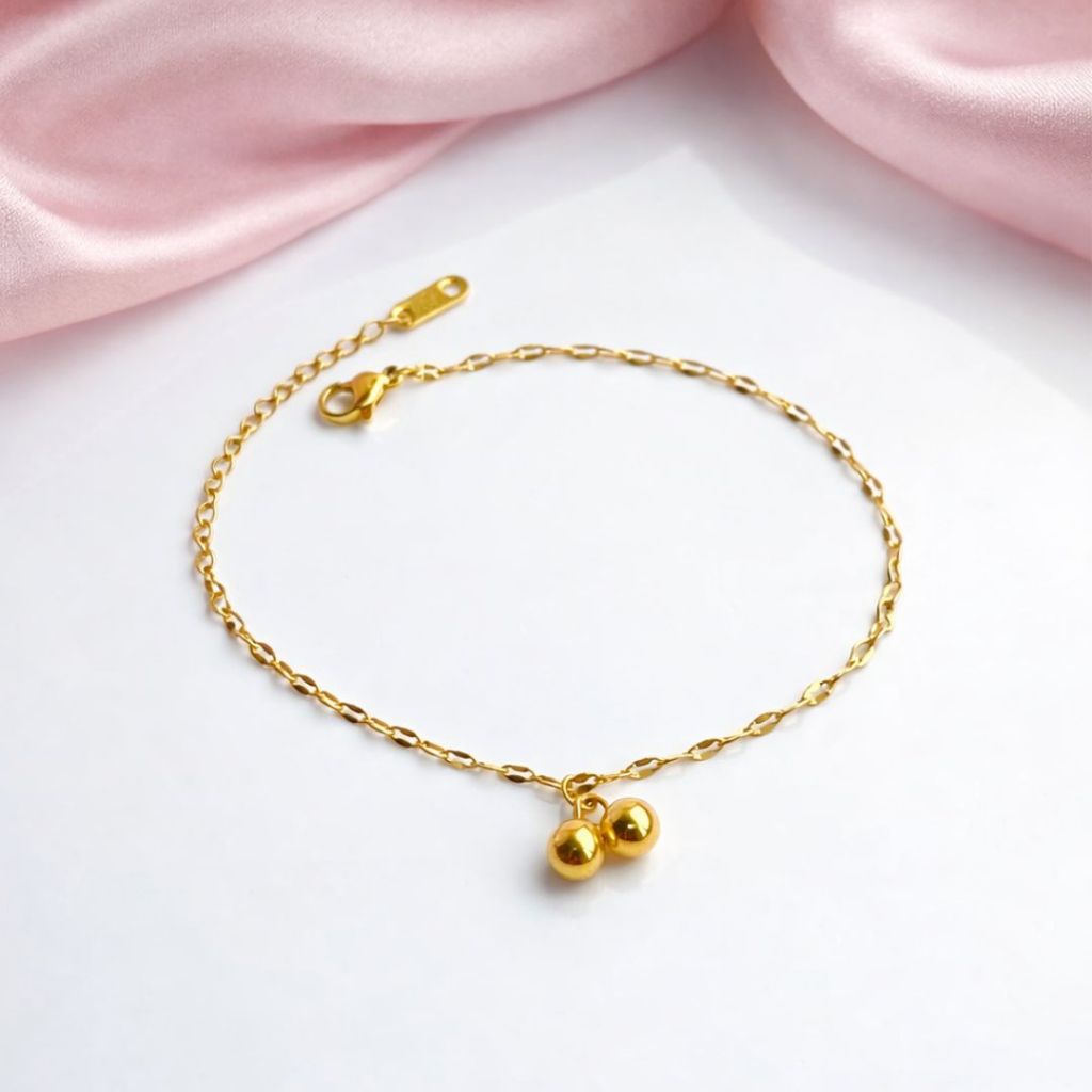 Emily Jewelry - Gelang Tangan Titanium Wanita Gold Anti Karat Waterproof Liontin Bola Kembar Minimal