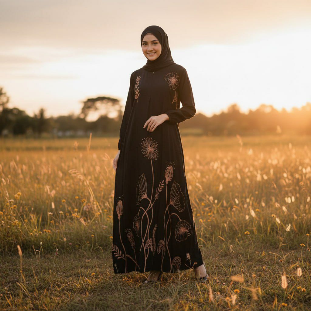 Kaftan Wanita Premium Hitam Motif Etnik Gold | Gamis Abaya Elegan Jumbo Busui Friendly | ArsaStyle.i