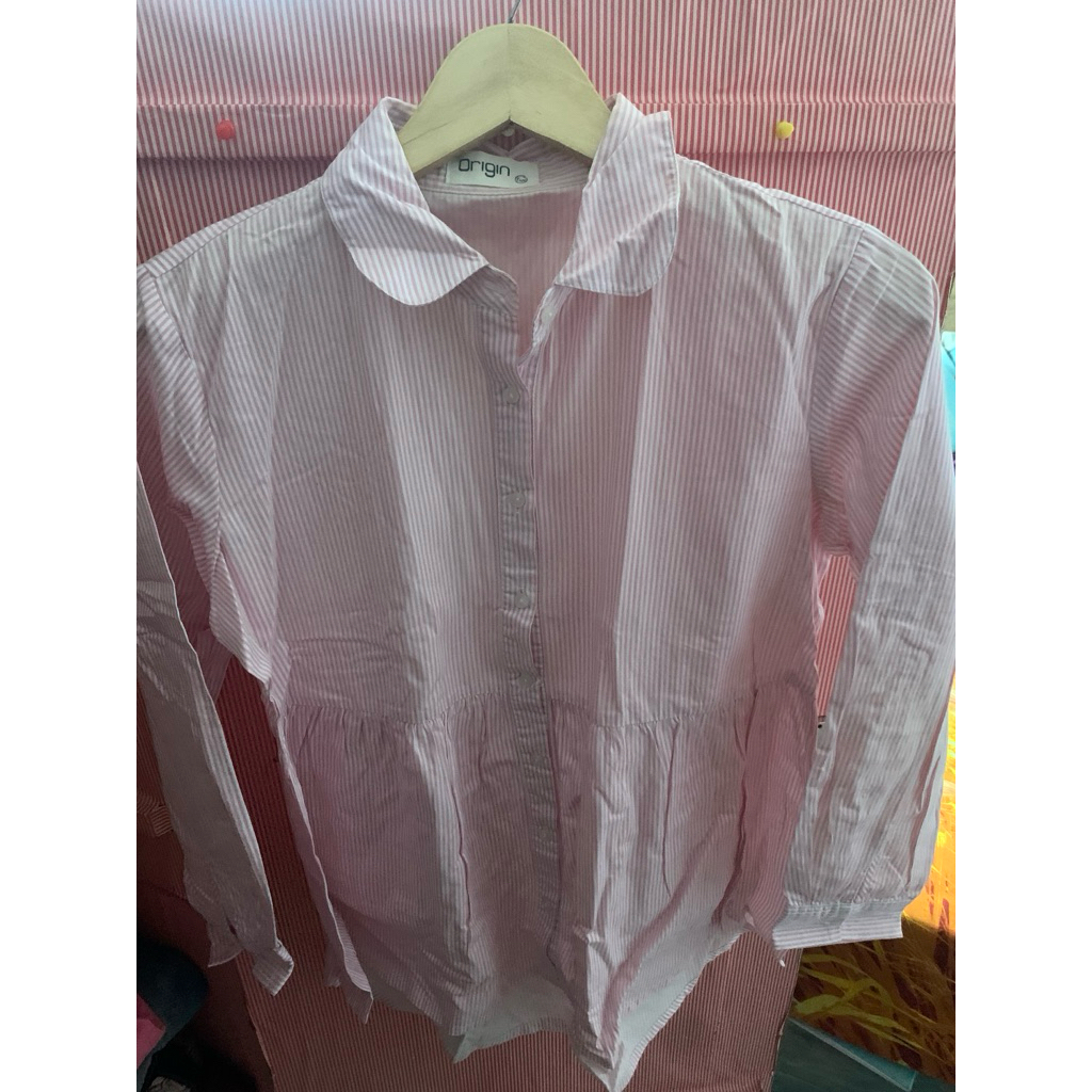 kemeja salur pink