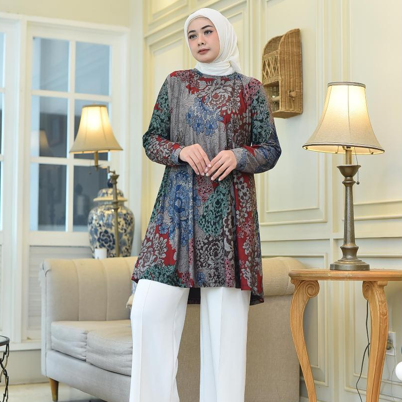 AQILA-Tunik Los Motif Batik Wanita Lengan Panjang BAHAN DENIM/CALVIN JEANS KODE CAMRY