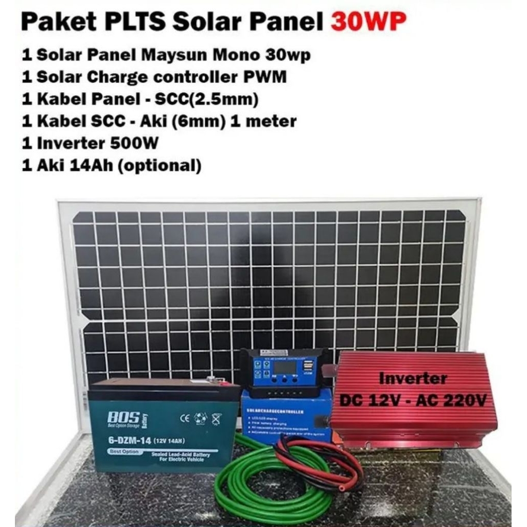part paket komplit tenaga surya PLTS 30wp accu 14ah 500watt