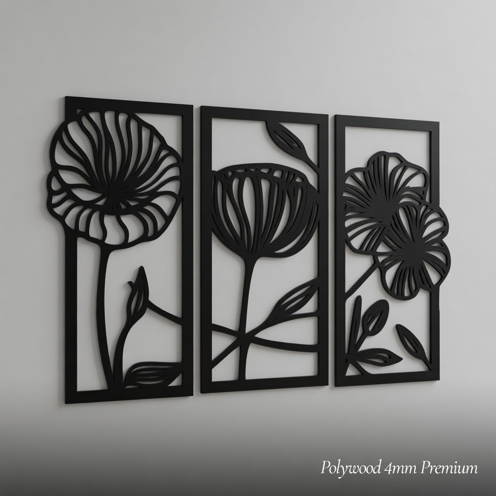 Qalora - 1 Set 3 Panel Hiasan Dinding Motif Bunga Hitam Polywood 4mm Premium Modern