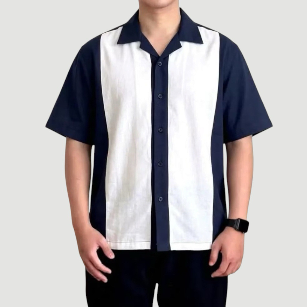 REINACLUB Kemeja Linen Pria Lengan pendek Kombinasi vintage - Bowling shirt