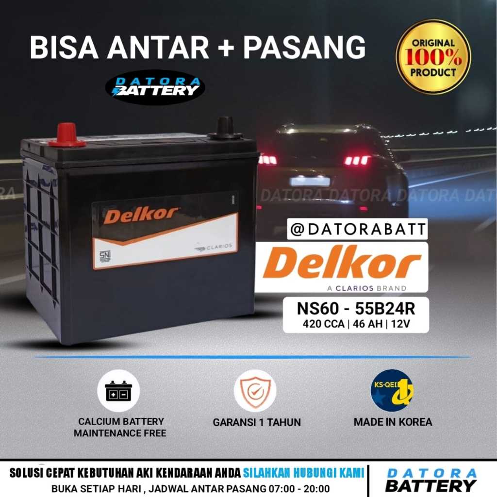 Aki Mobil TOYOTA AVANZA/RUSH/SOLUNA/STARLET/COROLLA, Battery NS60 / 55B24R Delkor aki Kering