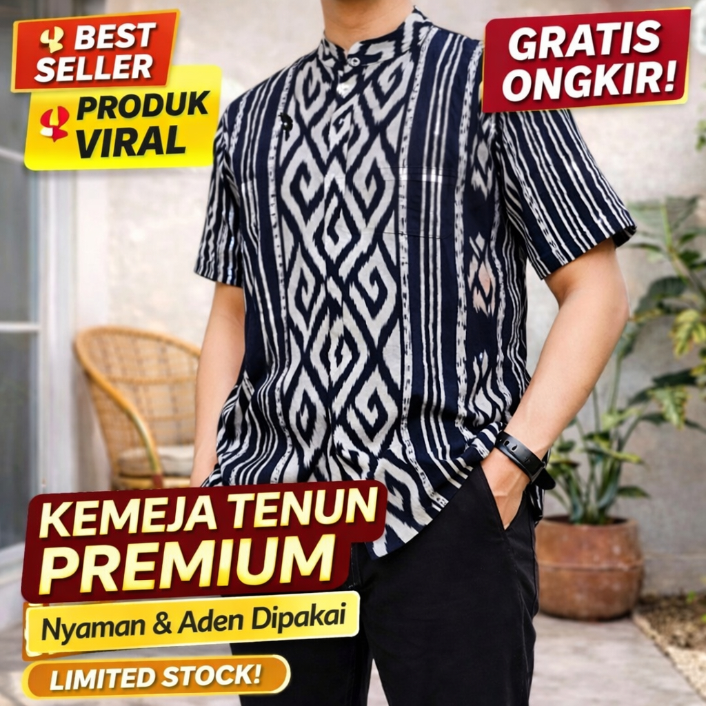 Zahira Etnik Kemeja Tenun Pria Premium Lengan Pendek Motif Troso Jepara Asli Baju Tenun NTT Lombok E