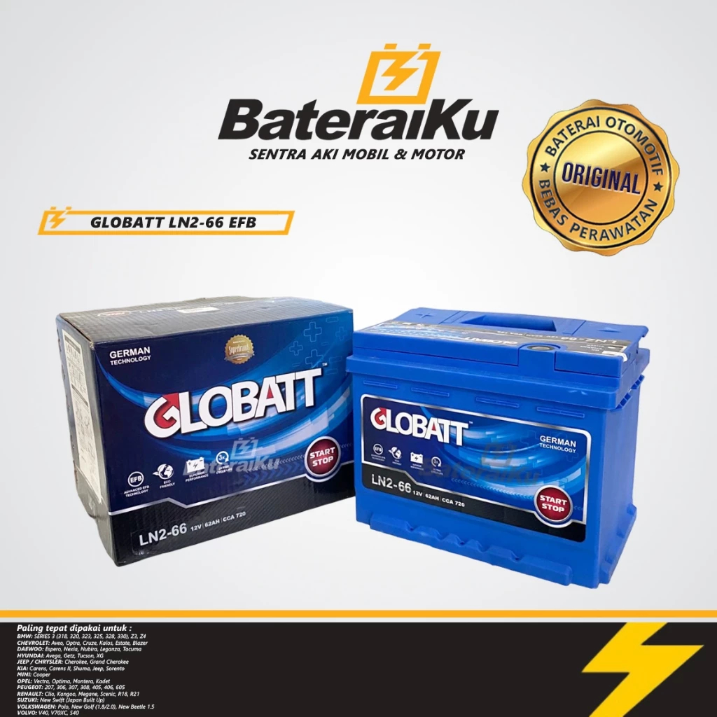 Aki kering Globatt EFB LN2-66 MF untuk mobil Sprint, Fiesta, Jeep, Mini Cooper, dll