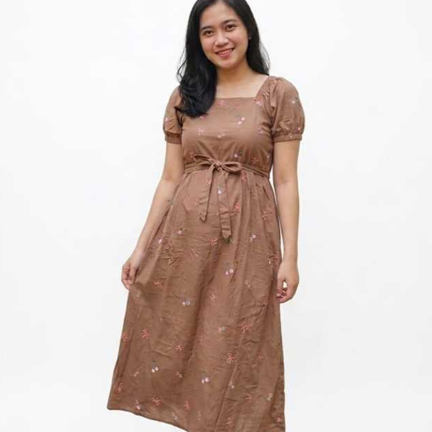 Dress Wanita Brokat Tile Mutiara 3D dengan Sleting Belakang dan Tali Pinggang Gratis