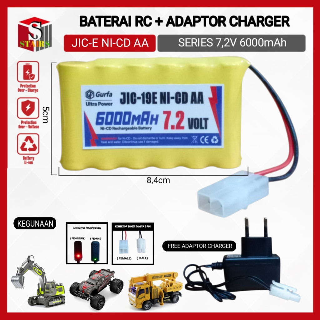 Paket Adaptor Charger + Baterai Mainan Anak RC Tipe NI-CD 6X AA 6000mAh soket RC TAMIYA