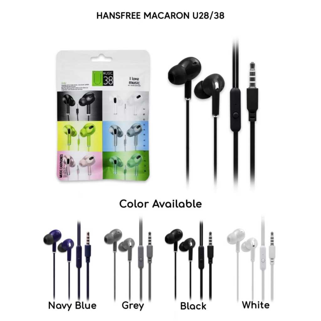 HANDSFREE HEADSET EARPHONE MACARON U28/U38 STEREO BASS