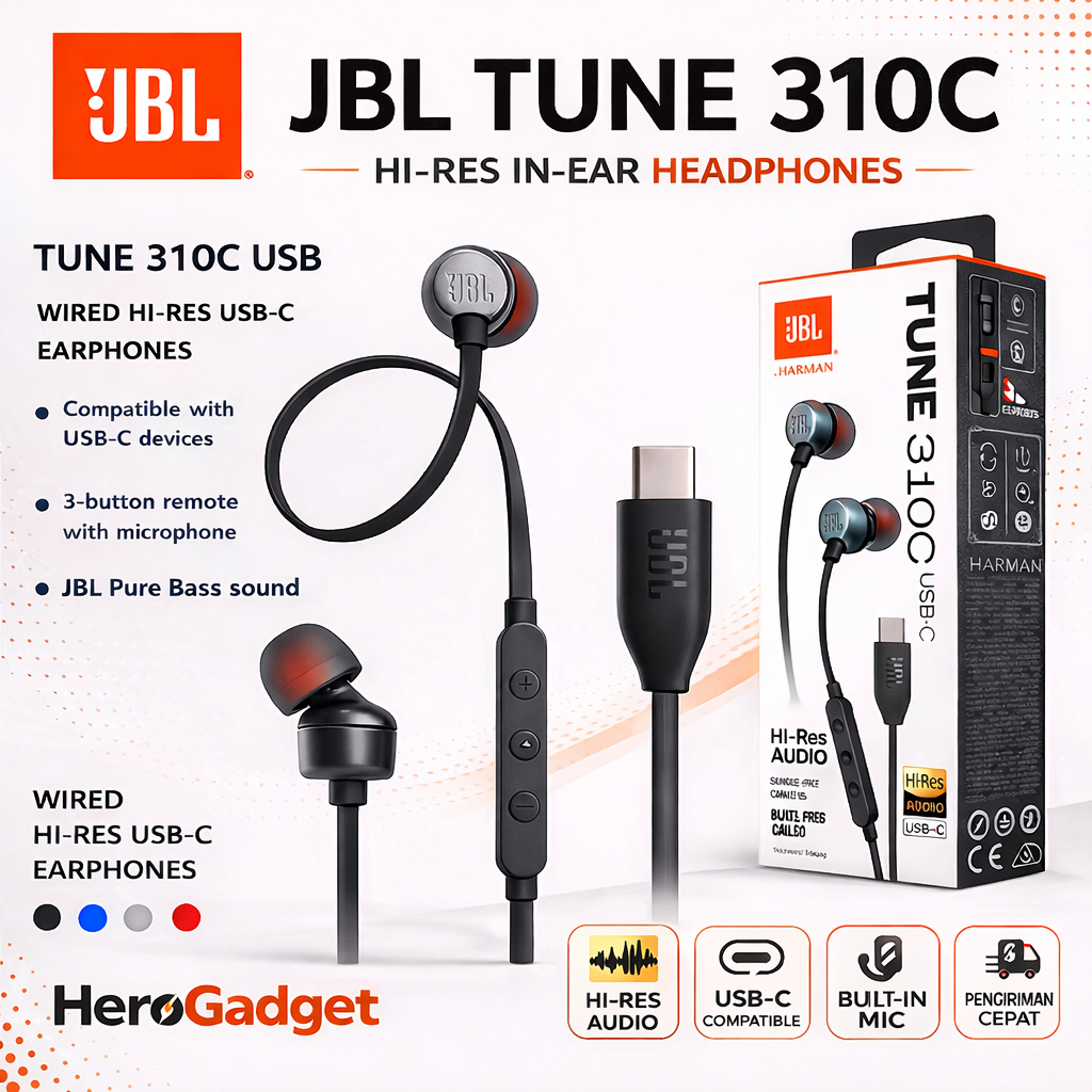 JBL T310C Type-C Earphone Bass Nendang Mic Jernih Kabel Anti Kusut