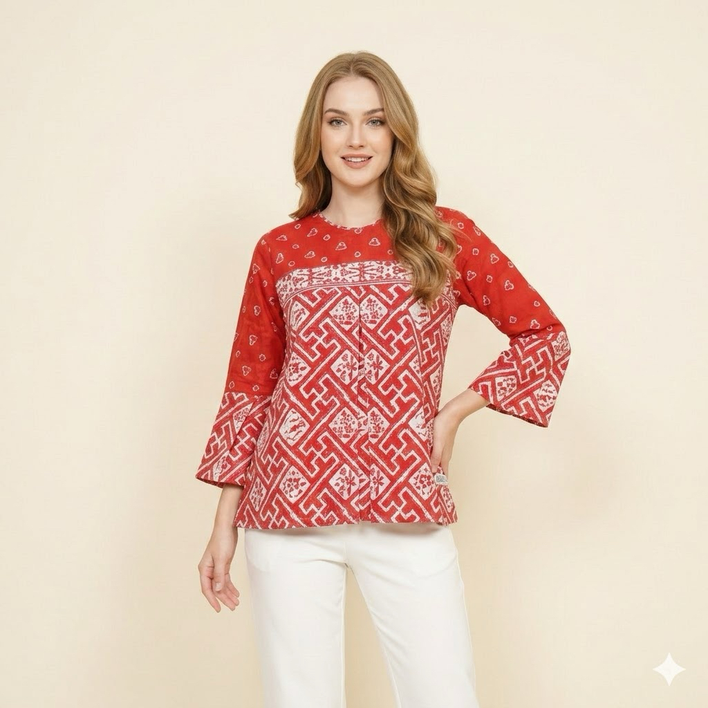 Shanaya Batik Blus Batik kerja Lengan Terompet  Batik Cap Garutan