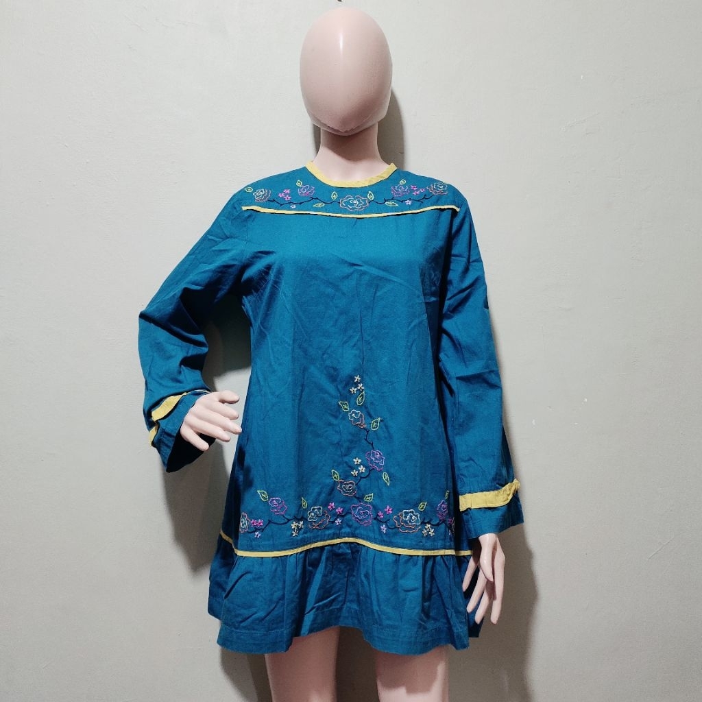 AZKA label azka tunic Azka tunik Azka baju muslim Azka dress teal blue dress floral Embroidery flowe