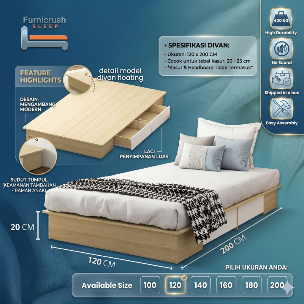 Furnicrush Sleep Dipan Kasur 120 X 200 / Ranjang Tempat Tidur / Divan 120 / Dipan Laci / Divan Doubl