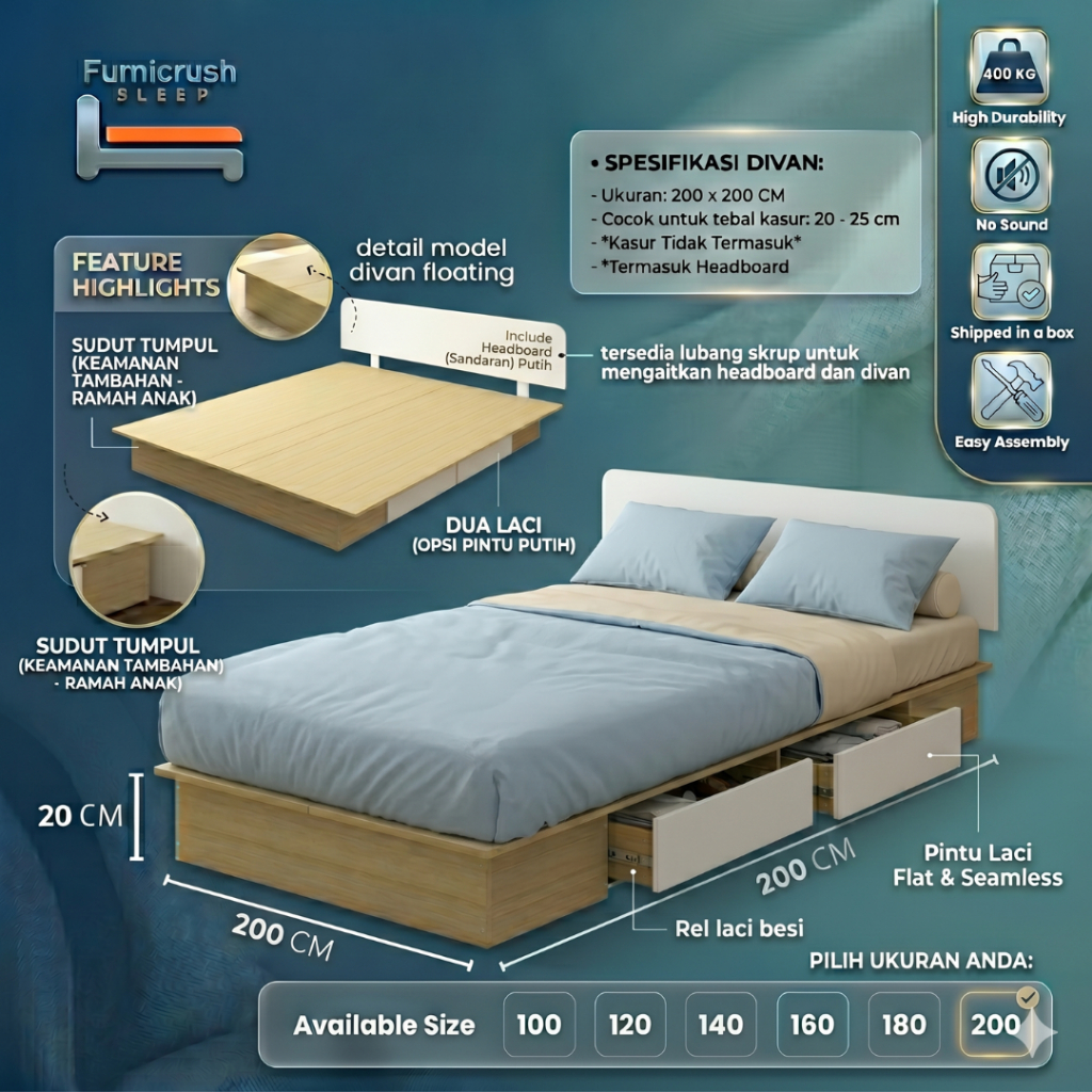 Furnicrush Sleep Dipan Kasur 200 X 200 / Ranjang Tempat Tidur / Divan 200 / Dipan Laci / Divan Super