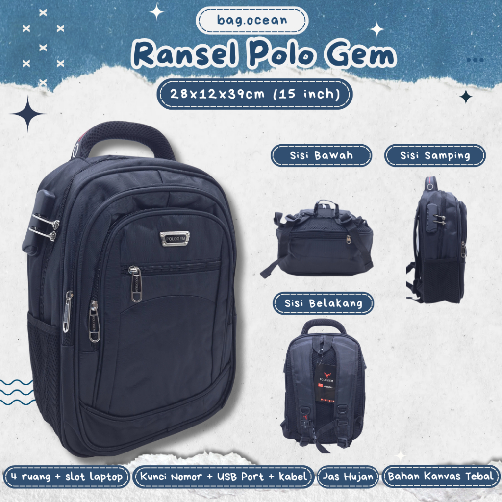 Tas Polo GEM 15" USB + Kunci Nomor MURAH / Tas Laptop Polo Original BARU / Ransel Laptop POLO USB + 
