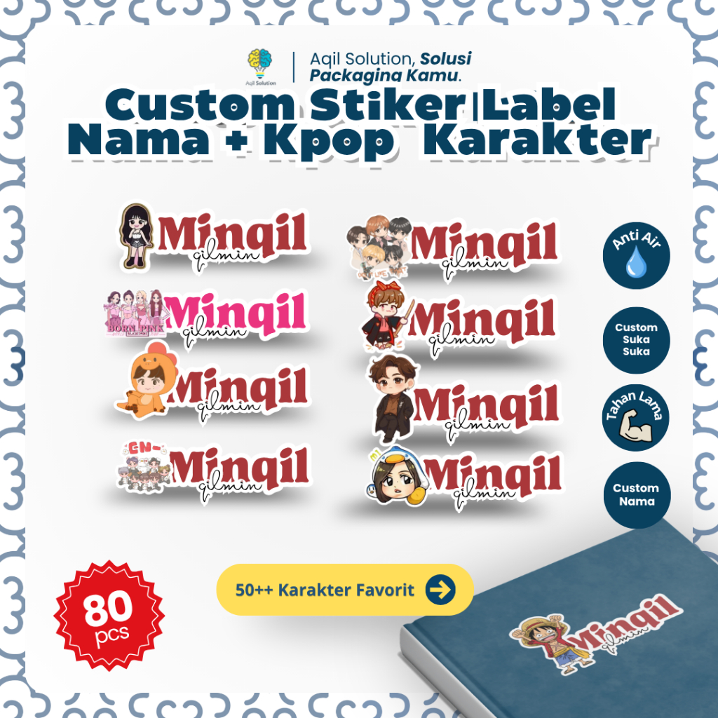 (CUSTOM NAMA KPOP) (EKSKLUSIF)- CUSTOM STIKER LABEL KPOP KARAKTER NAMA ANTI AIR  / STIKER NAMA BUKU 