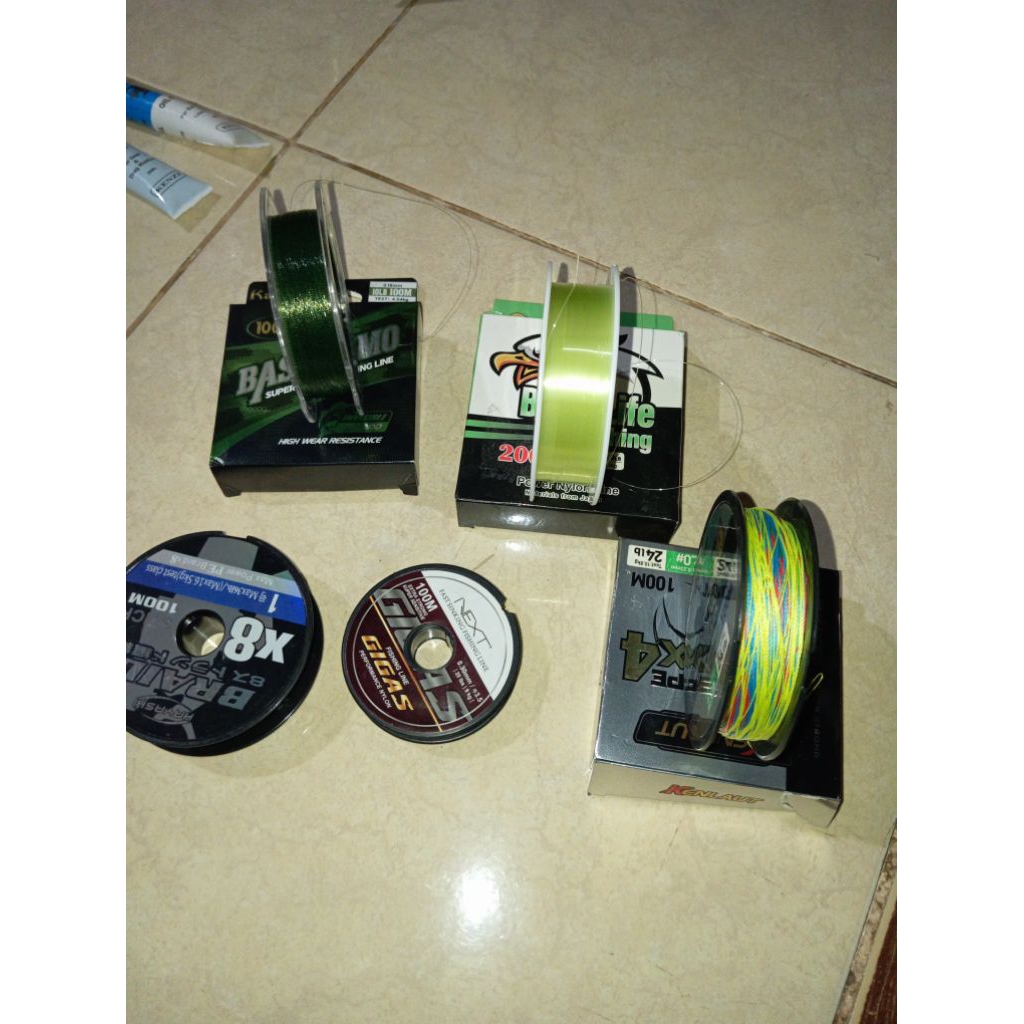 senar PE kenlaut x4 2.0#,senar nilon bingo life 3.0#,senar nilon bass camo 0.18#,senar PE 1.0#,senar