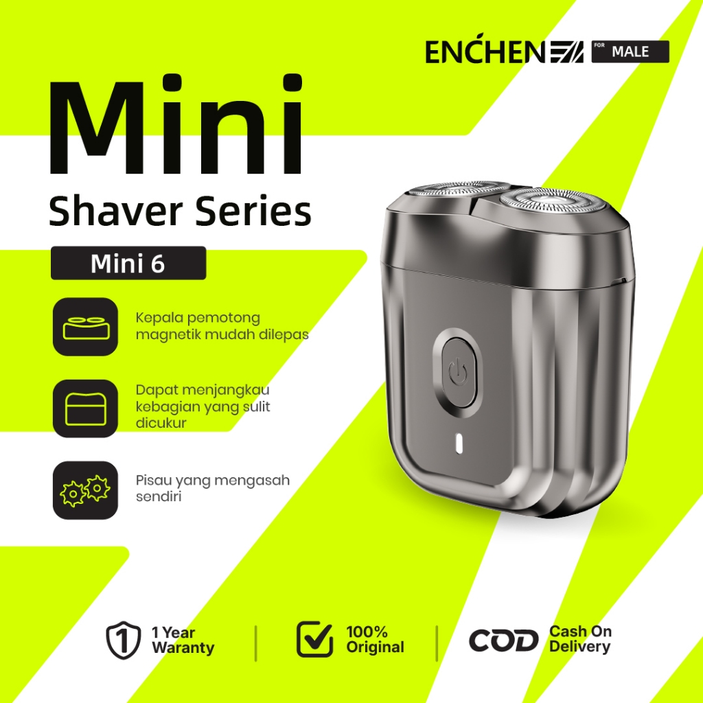 Enchen Mini 6 Alat Cukur Jenggot Elektrik Waterproof - Perak, Baterai Li-ion 350mAh, 60 Menit Penggunaan