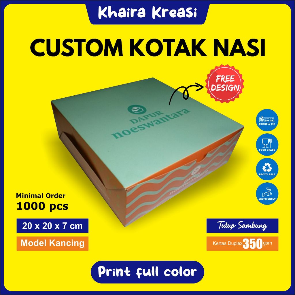 Cetak Custom Dus / Kotak Nasi ukuran 20 x 20 x 7 cm (Tutup Sambung)