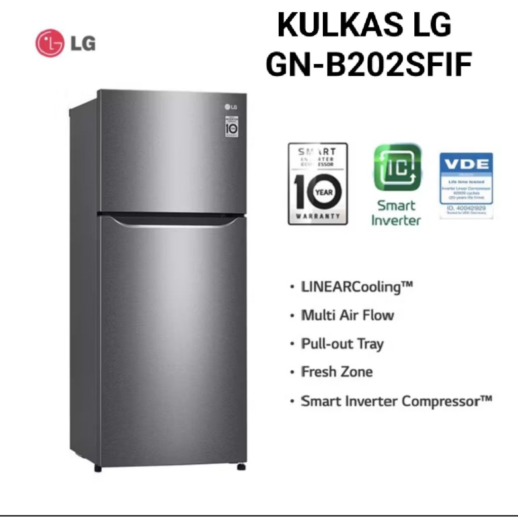 Kulkas Dua Pintu LG 202 Liter GN-B202SFIF Smart Inverter No Frost