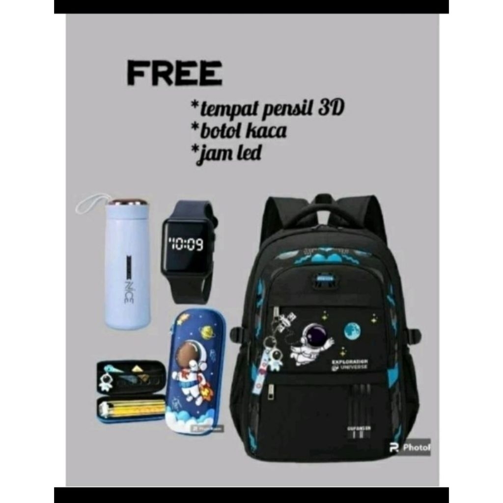 Paket Tas Sekolah Anak Laki-laki Perempuan TK SD SMP Bonus Jam Tangan Botol Minum Tempat Pencil Moti