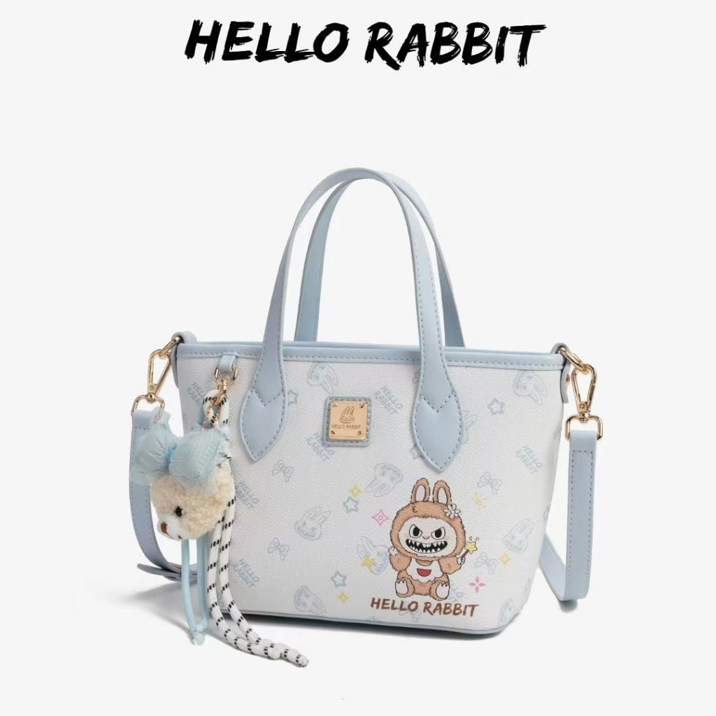 Tas Totebag Mini Wanita Motif Labubu Imut Tas Tangan Selempang 2in1 Kulit PU Warna Biru Muda Elegan 