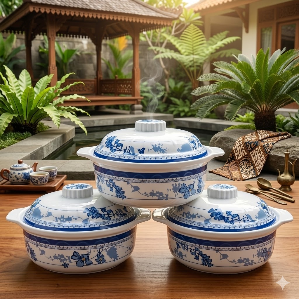 Mangkuk Tutup Melamin Original | Tempat Nasi dan Gulai | Wadah Saji Bunga Biru
