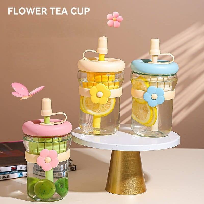Botol Minum Kaca Motif Bunga 500ml / Gelas Kaca Bunga