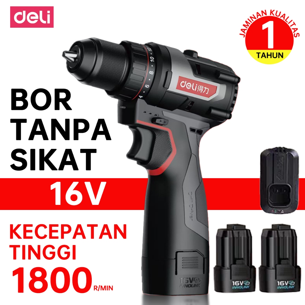 Mini Bor DELI - Bor Tangan Elektrik 16V Rechargeable Serbaguna Lithium Drill 2.0 Dual Battery