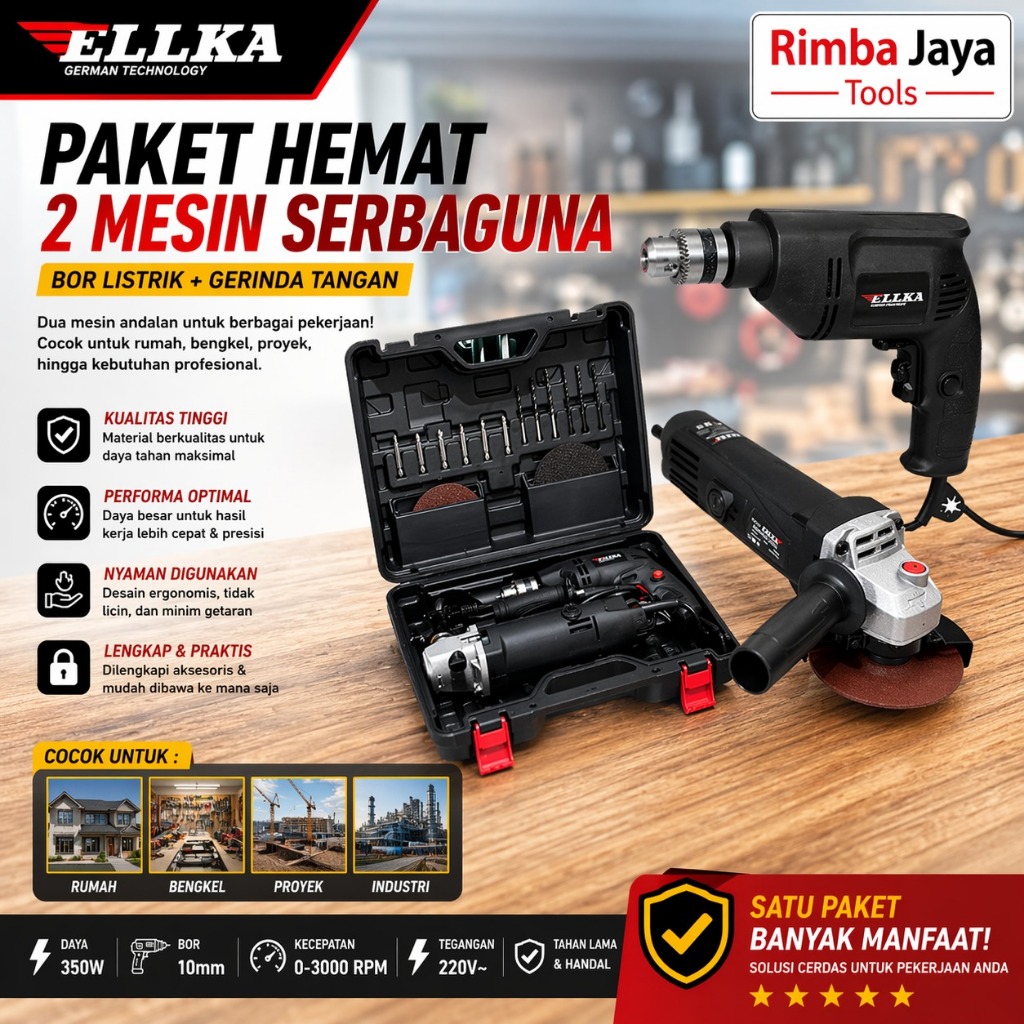 Paket Komplit By ELLKA Mesin Bor 10mm dan Gerinda set Koper + Dudukan Gerinda Stand untuk Gergaji po
